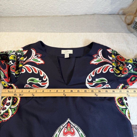 LOFT Navy Paisley Floral Print Shift Dress 4 V-Neck 3/4 Bell Sleeve. - Picture 7 of 11